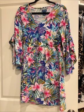 Vibrant Floral Tie-Waist Women's Dress - Pink & Blue
